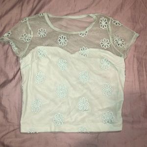 Mint embroidered flower top with sheer back